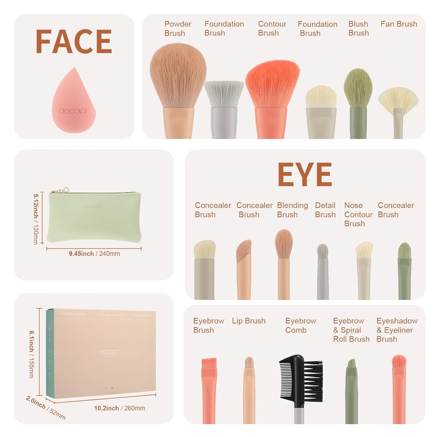 Makeup Brushes Set 17Pcs Morandi Makeup Brushes with Makeup Bag and Makeup Sponge and Brush Protector Professional Face Powder Foundation Eye Shadow Concealers Brush Kit Gift Box