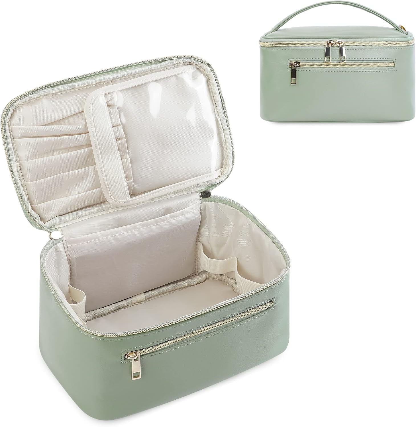 Makeup Bag, Travel Make up Organizer Cosmetic Brush Bags Case for Women in Vegan Leather, Sage Green(Patent Pending)