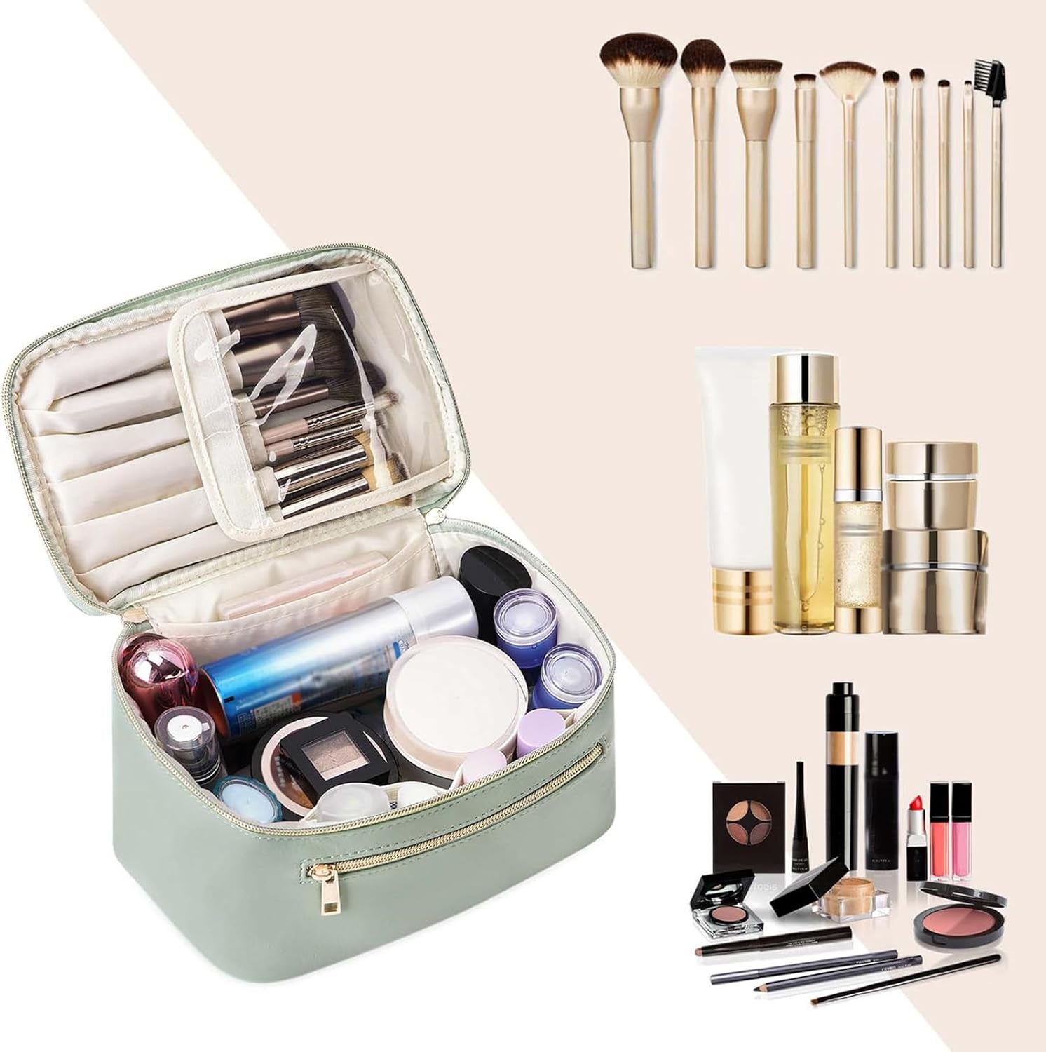 Makeup Bag, Travel Make up Organizer Cosmetic Brush Bags Case for Women in Vegan Leather, Sage Green(Patent Pending)